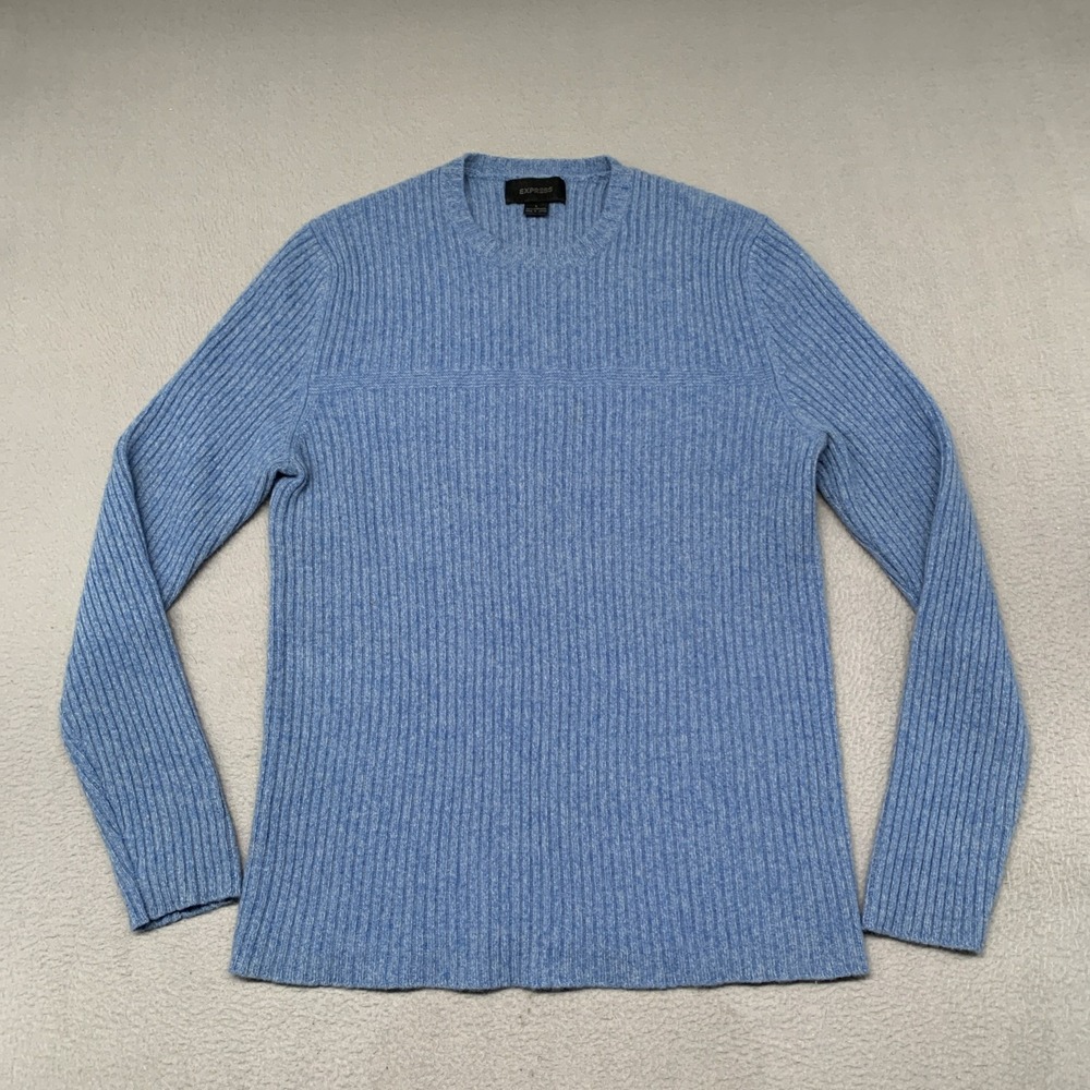 VIntage 90s Express Sweater Size Large Ribbed Lambswool‎ Crewneck Pullover Blue